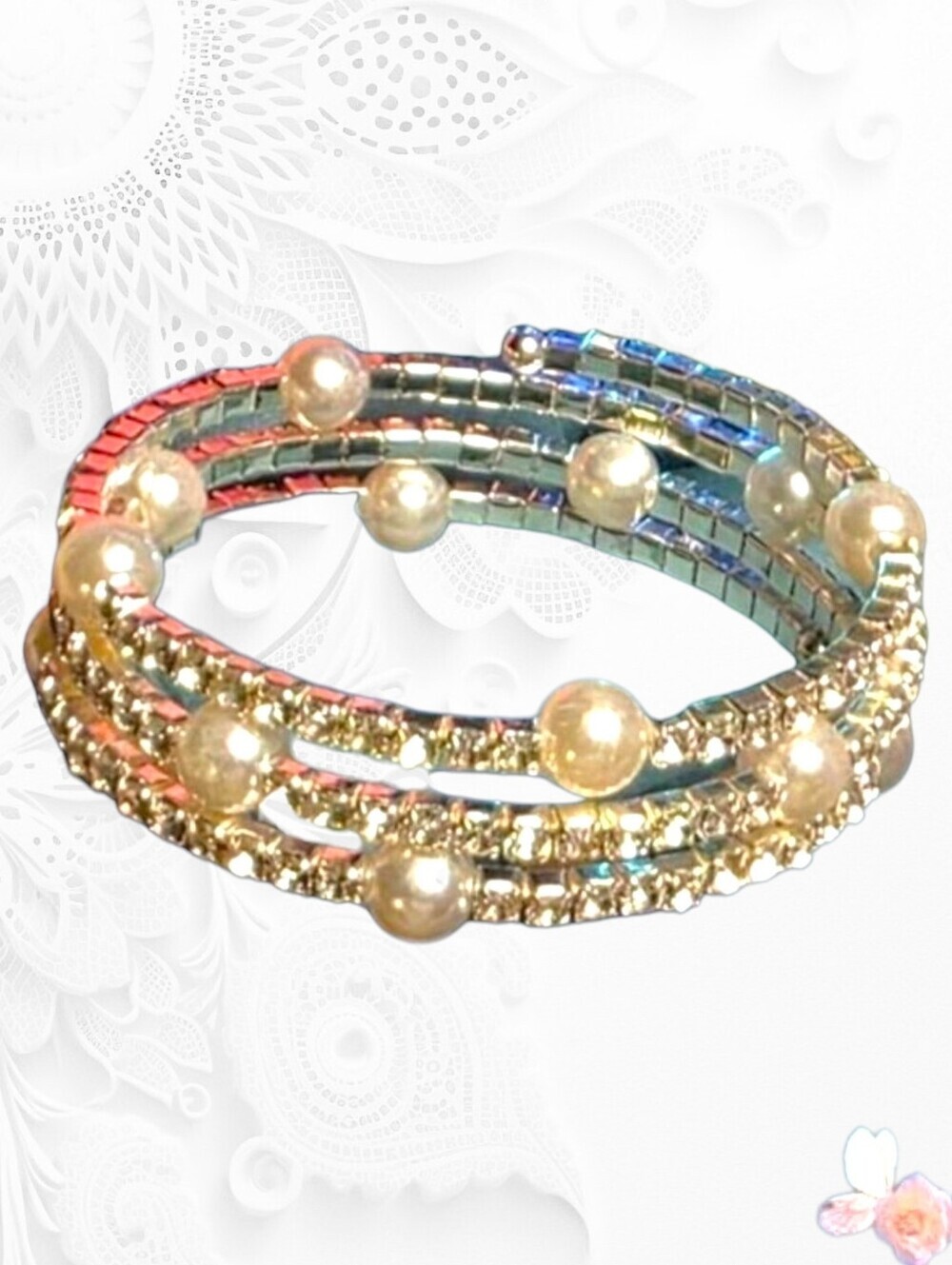 Triple Coil Pearl & Rhinestone Silver Memory Bracelet 100